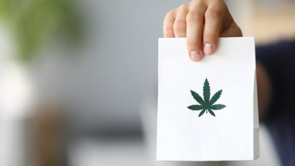 Courier hand passing package with marijuana to client close-up